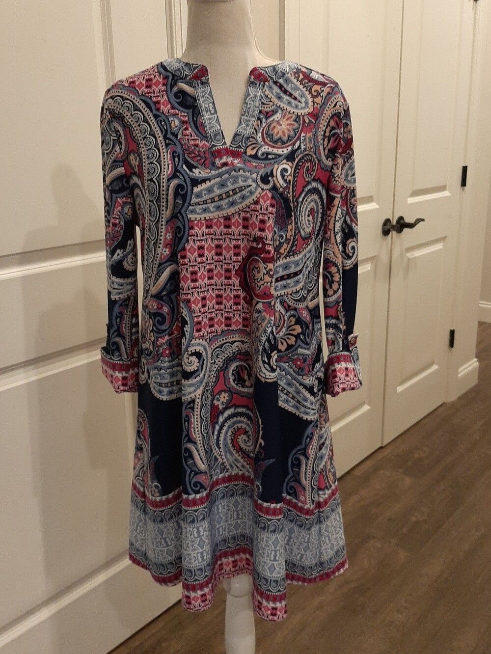 New Directions Petite PM Paisley Print Swing Dress 3/4 Sleeve Navy Pink
